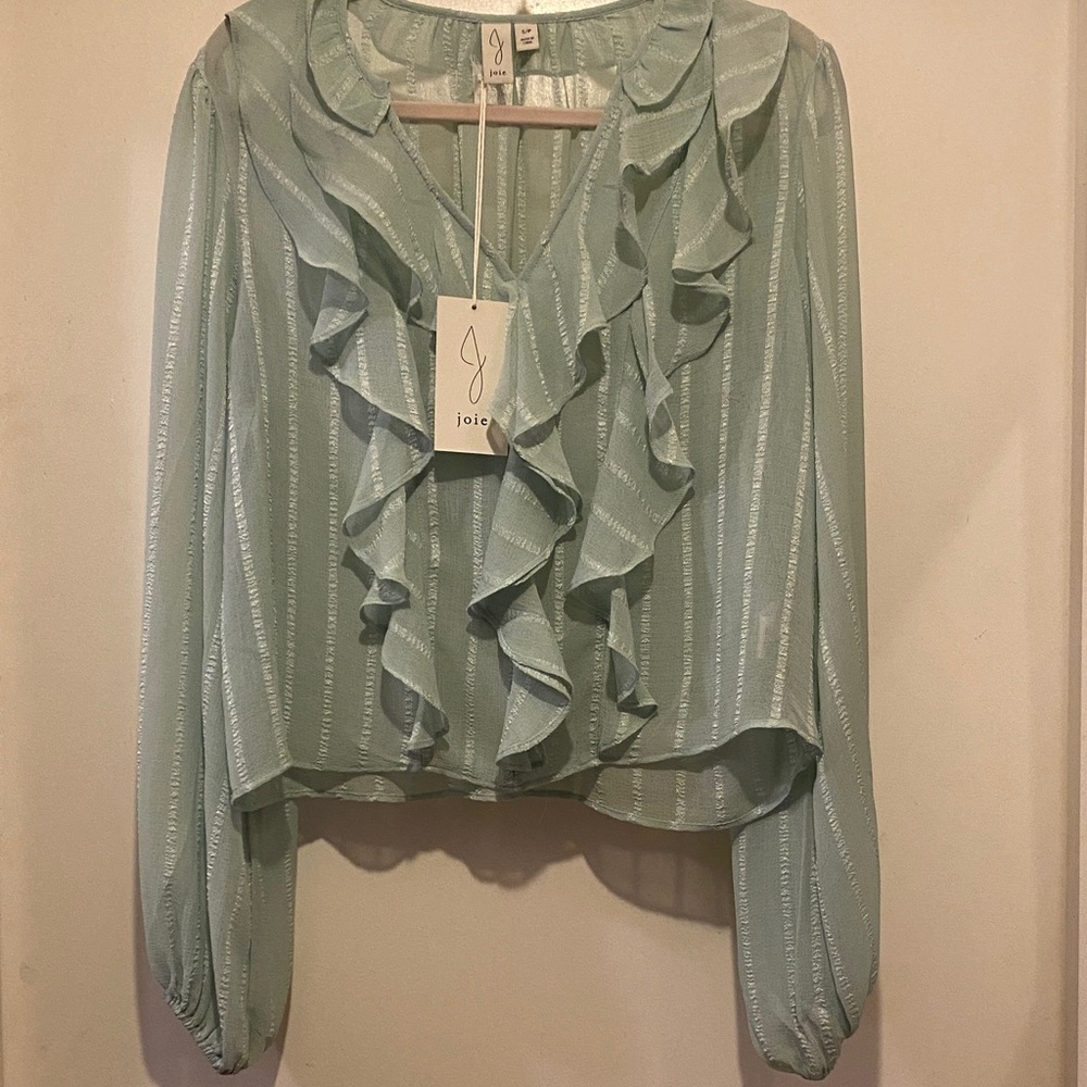 Joie Pale Mint Ruffle V-Neck Blouse